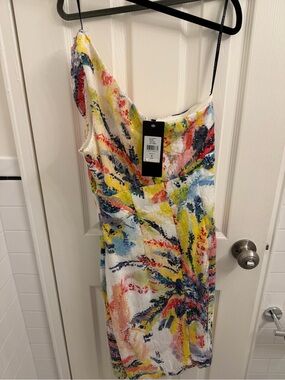 David Meister White Slip Dress with Yellow, Blue, Pink & Navy Abstract Print